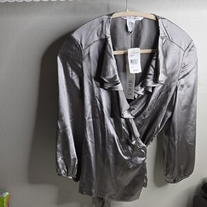 Diane Von Furstenberg Silver Blouse Marla Size 12 NWT Wrap Waist Bubble Sleeve